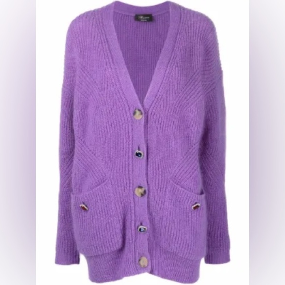Blumarine ribbed-knit purple wool cardigan Large